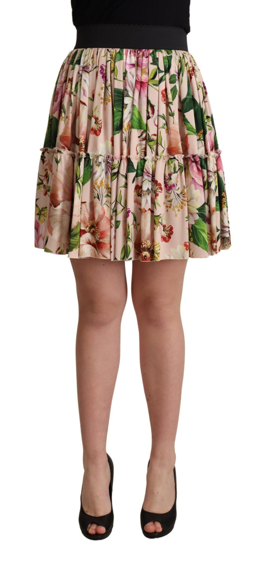 Rosa Seidenminirock mit Blumenmuster und hoher Taille