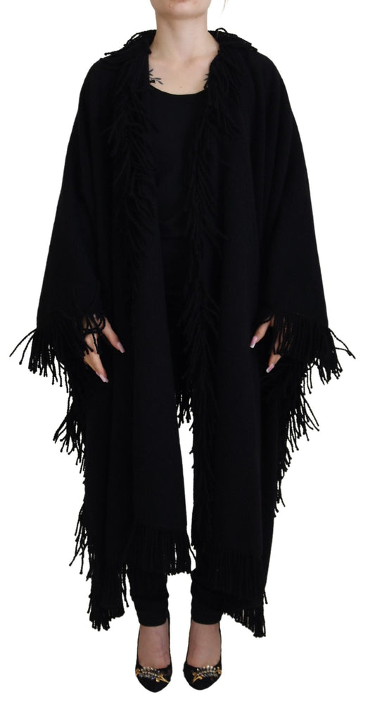 Schwarzer Langarm-Fransenmantel Alpaka-Jacke