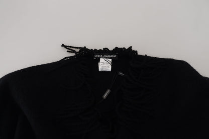 Schwarzer Langarm-Fransenmantel Alpaka-Jacke