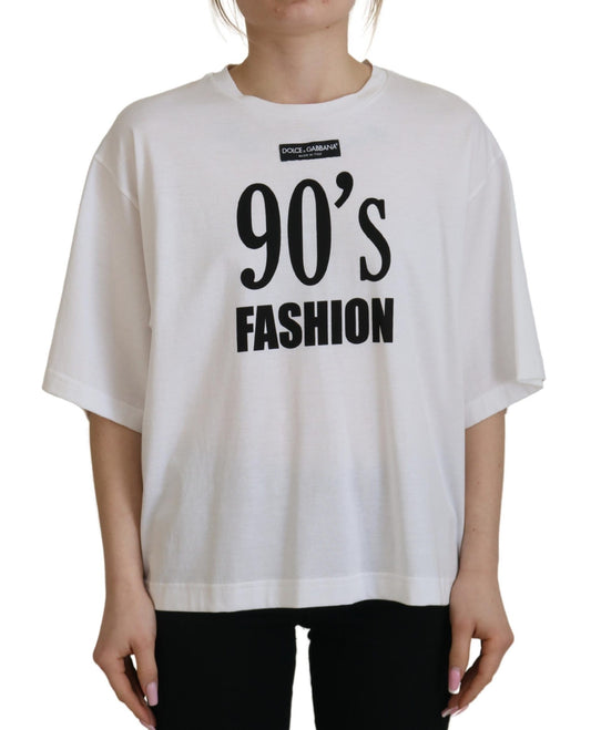 Weißes 90er-Jahre-Mode-T-Shirt mit Rundhalsausschnitt aus Baumwolle