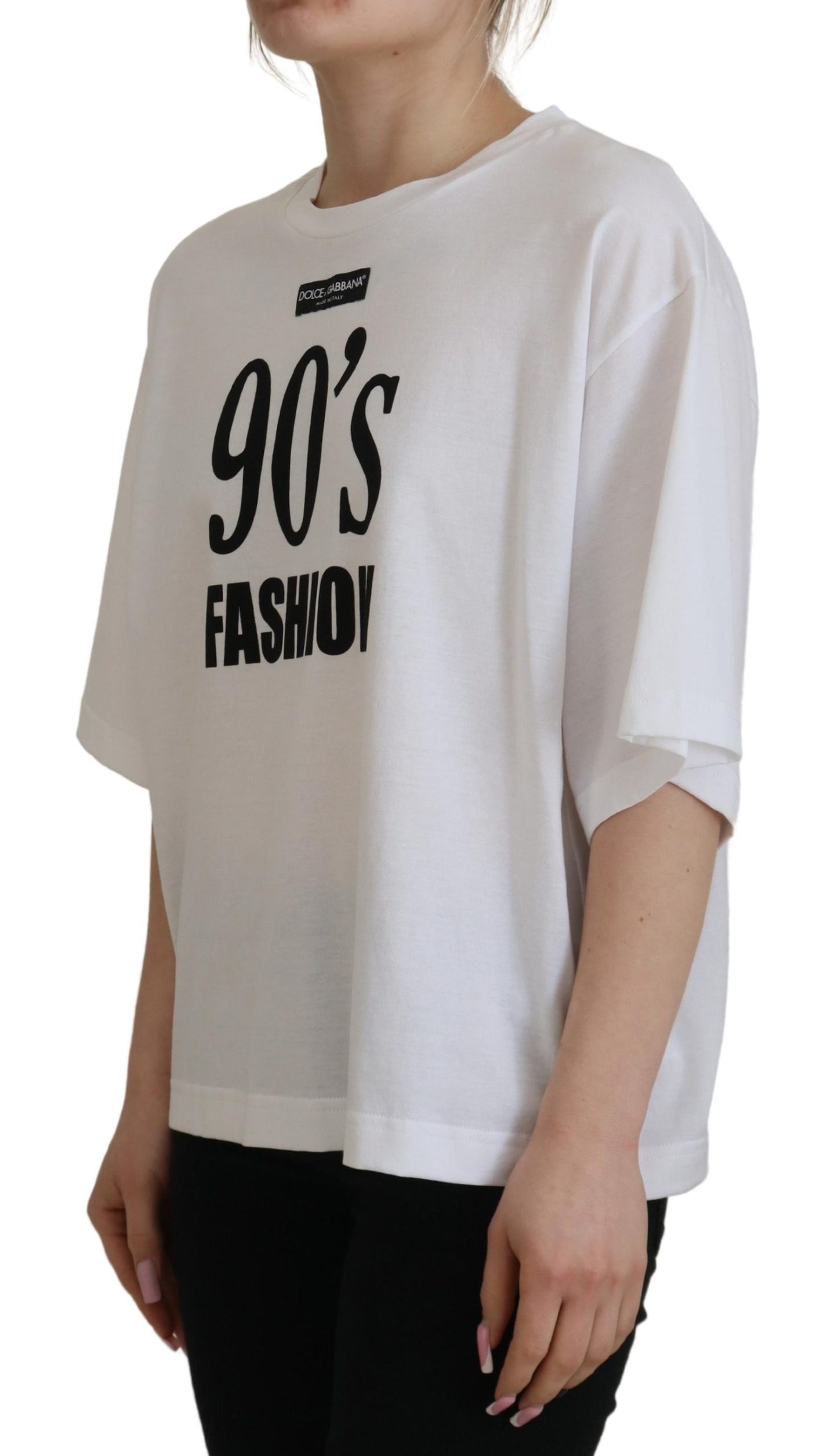Weißes 90er-Jahre-Mode-T-Shirt mit Rundhalsausschnitt aus Baumwolle