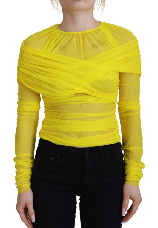 Gelbes Mesh-Langarm-Nylonblusentop