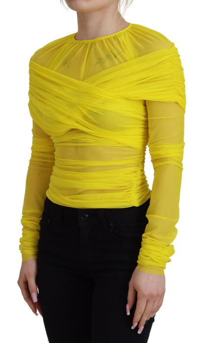 Gelbes Mesh-Langarm-Nylonblusentop