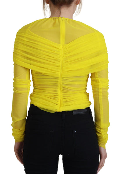 Gelbes Mesh-Langarm-Nylonblusentop