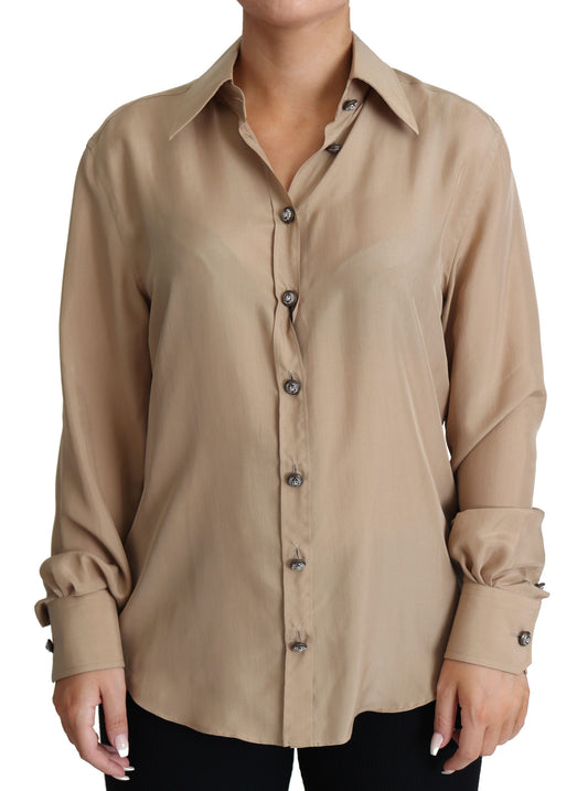 Beige Seidenhemd Dekorative Knöpfe Top