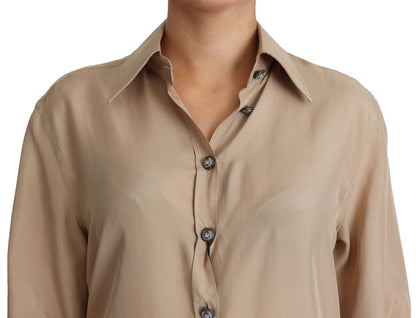 Beige Seidenhemd Dekorative Knöpfe Top