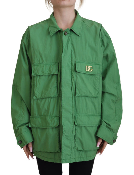 Grüne Windbreaker-Baumwolljacke mit Kragen