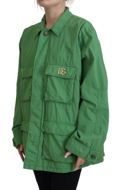 Grüne Windbreaker-Baumwolljacke mit Kragen