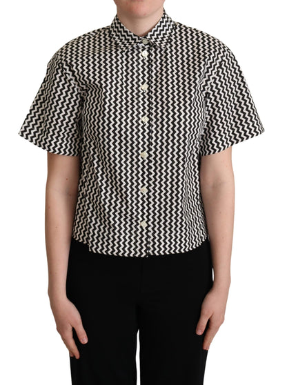 Schwarz Weiß Zickzack Kragen Baumwolle Top Shirt