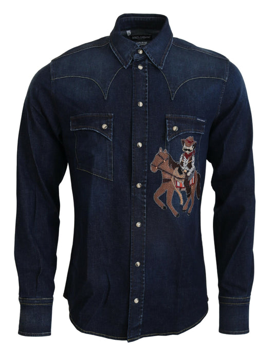 Blaues Baumwollhemd mit langen Ärmeln aus Denim