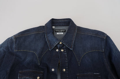 Blaues Baumwollhemd mit langen Ärmeln aus Denim