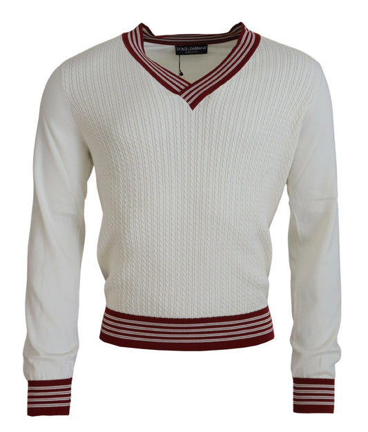 Weiß-Rot gestrickter Pullover mit V-Ausschnitt