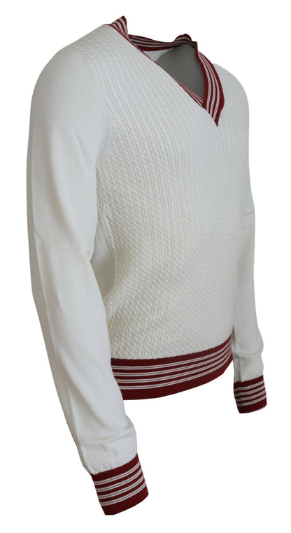 Weiß-Rot gestrickter Pullover mit V-Ausschnitt