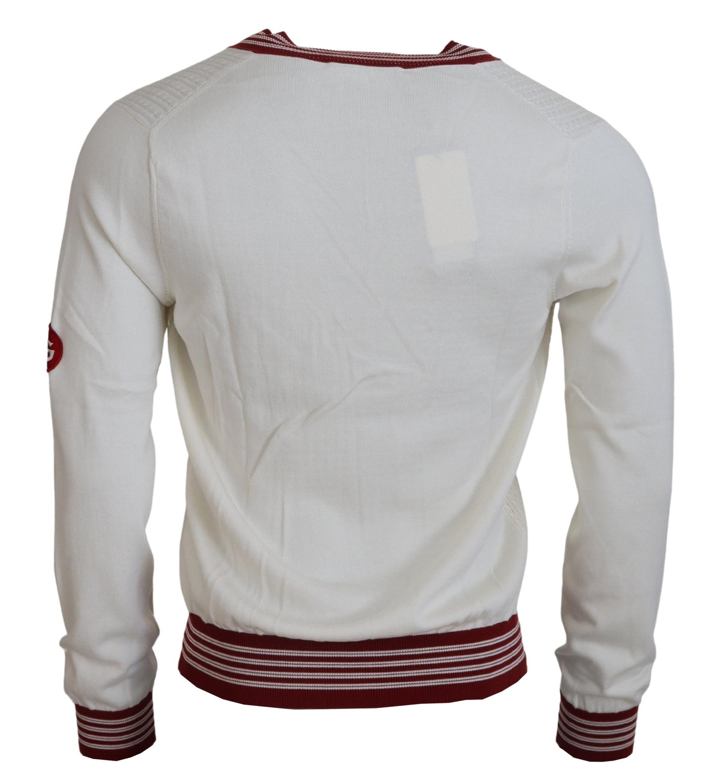 Weiß-Rot gestrickter Pullover mit V-Ausschnitt