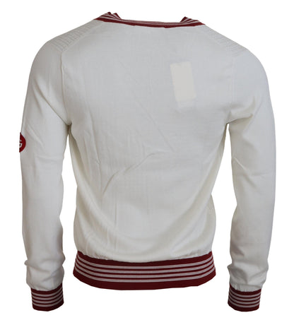 Weiß-Rot gestrickter Pullover mit V-Ausschnitt