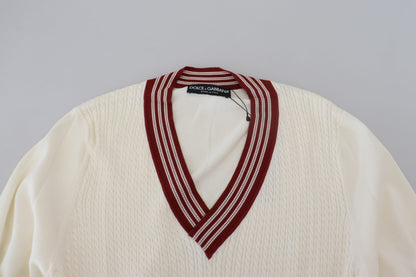 Weiß-Rot gestrickter Pullover mit V-Ausschnitt