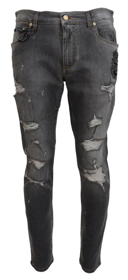 Graue zerfledderte Slim Fit Denim Jeans mit Stickerei