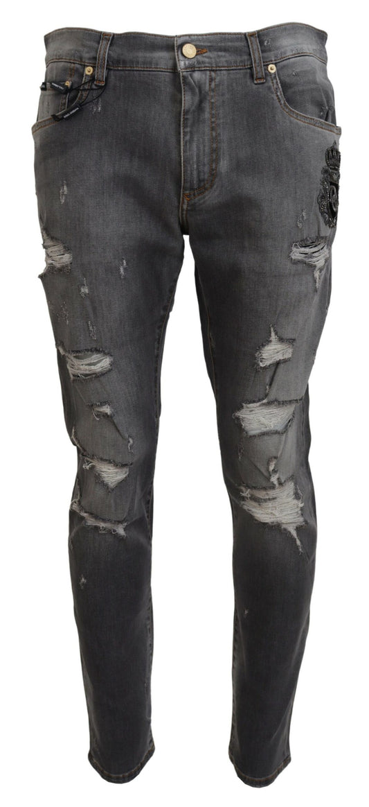 Graue zerfledderte Slim Fit Denim Jeans mit Stickerei