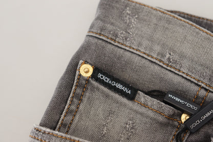 Graue zerfledderte Slim Fit Denim Jeans mit Stickerei