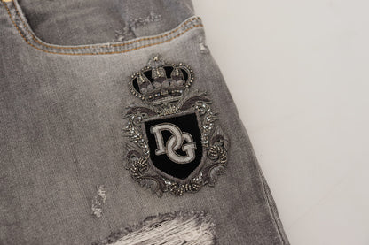 Graue zerfledderte Slim Fit Denim Jeans mit Stickerei