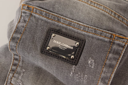 Graue zerfledderte Slim Fit Denim Jeans mit Stickerei