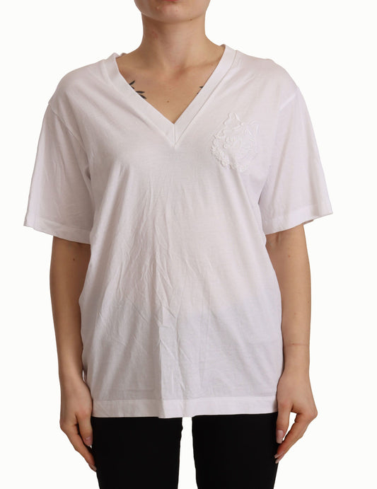 Weißes T-Shirt mit festem V-Ausschnitt und Logo aus Baumwolle