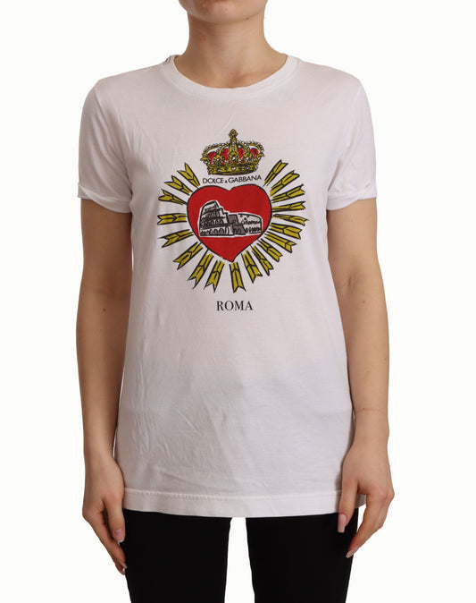 Weißes T-Shirt aus Baumwolle mit Rundhalsausschnitt mit Roma-Druck