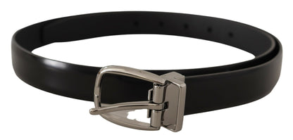 Schwarzes Kalbsleder Chrom Metall Logo Schnalle Gürtel