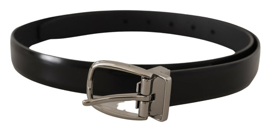 Schwarzes Kalbsleder Chrom Metall Logo Schnalle Gürtel