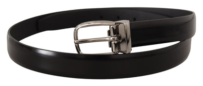 Schwarzes Kalbsleder Chrom Metall Logo Schnalle Gürtel