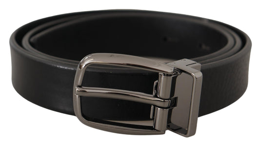 Schwarzes Kalbsleder Chrom Metall Logo Schnalle Gürtel