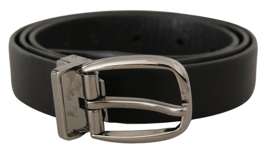 Schwarzer Leder Chrom Logo Metallschnalle Gürtel