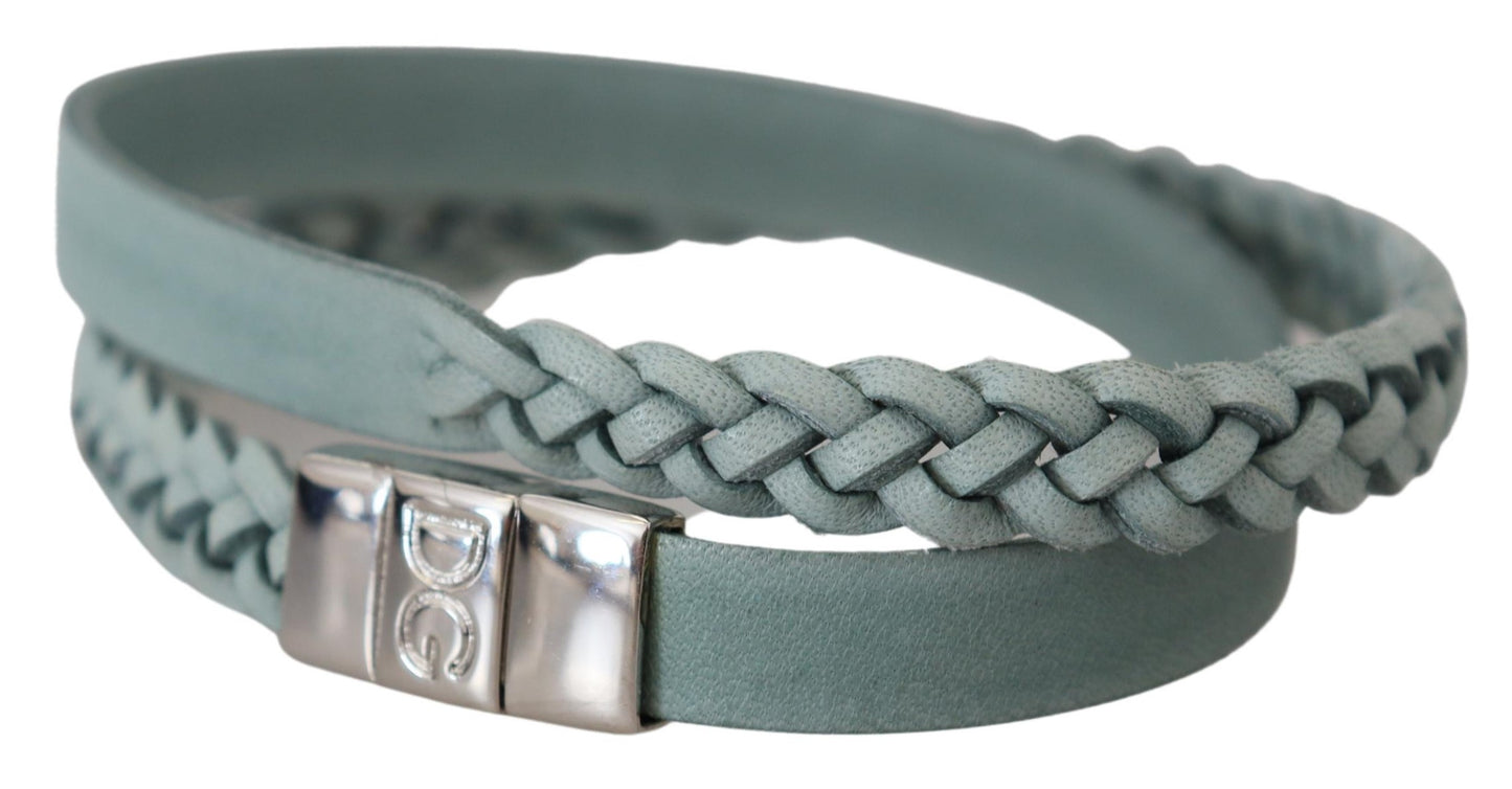Hellblaues geflochtenes Wickelarmband aus Leder und Messing