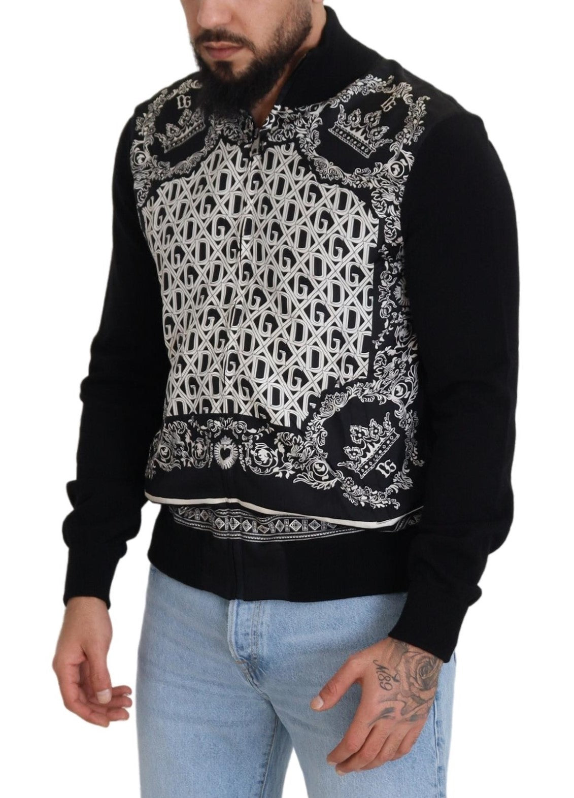 Schwarzer Bandana Kaschmir Pullover mit Reißverschluss