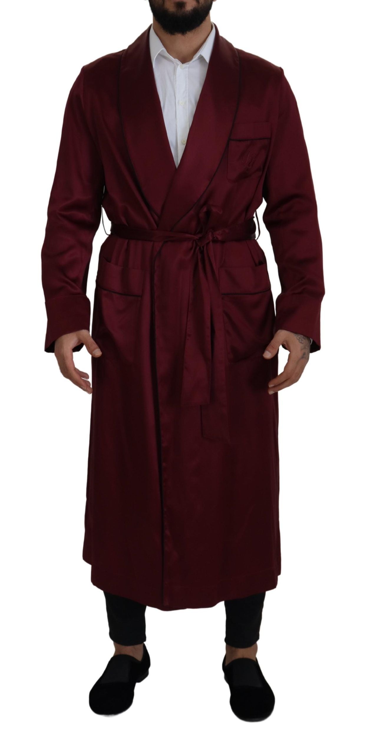 Bordeauxfarbener Seidenmantel Herren Wickeljacke