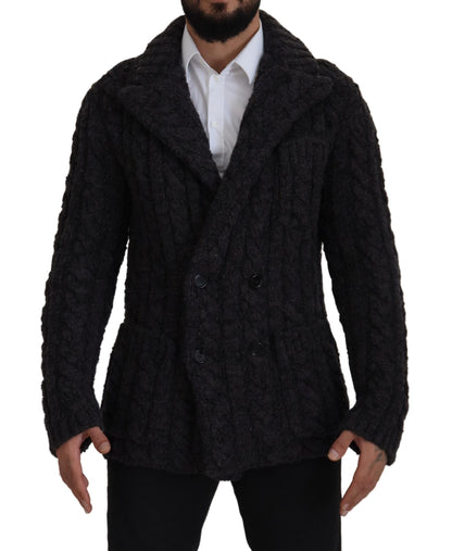 Schwarzer Wollstrickmantel Jacke mit zwei Brüsten