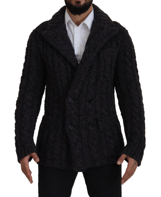 Schwarzer Wollstrickmantel Jacke mit zwei Brüsten
