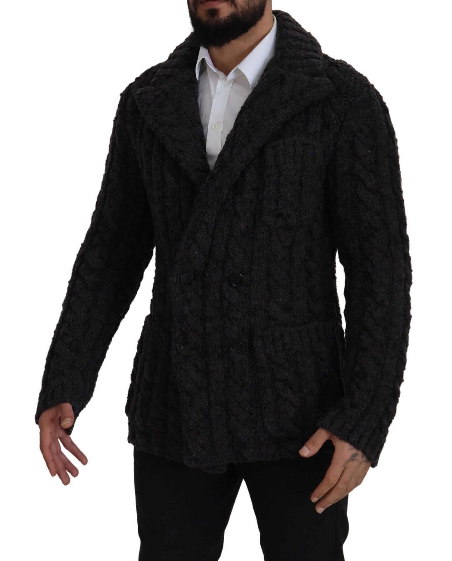 Schwarzer Wollstrickmantel Jacke mit zwei Brüsten