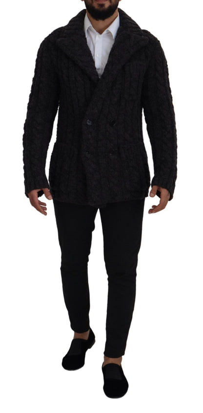 Schwarzer Wollstrickmantel Jacke mit zwei Brüsten