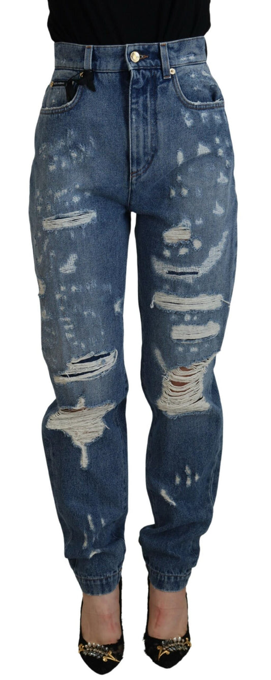 Blaue zerfledderte Skinny Denim-Jeans aus Baumwolle