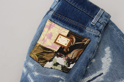Blaue zerfledderte Skinny Denim-Jeans aus Baumwolle