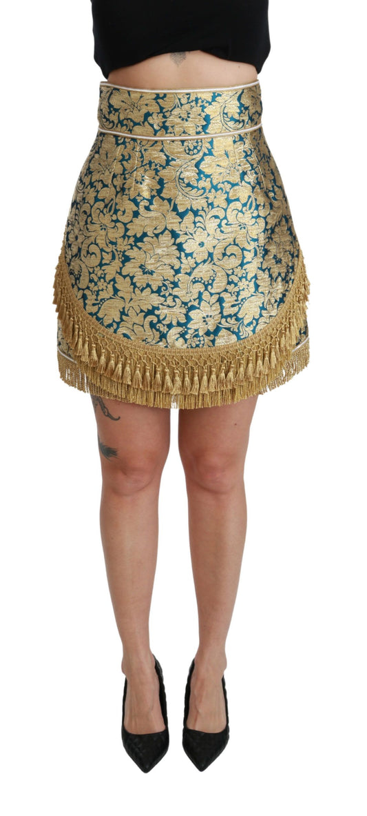Blauer Rock mit hoher Taille aus Jacquard und goldener Quaste