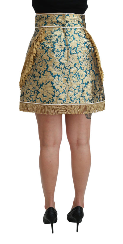 Blauer Rock mit hoher Taille aus Jacquard und goldener Quaste