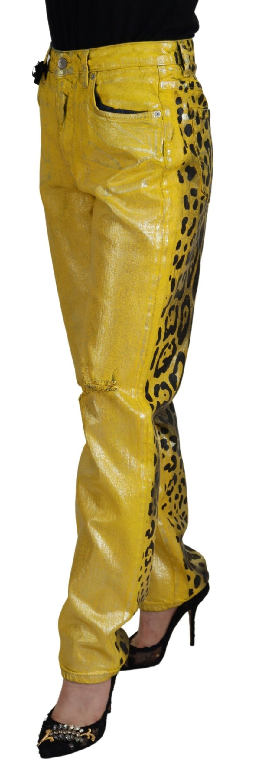 Gelbe Leoparden-Baumwoll-Straight-Denim-Jeans