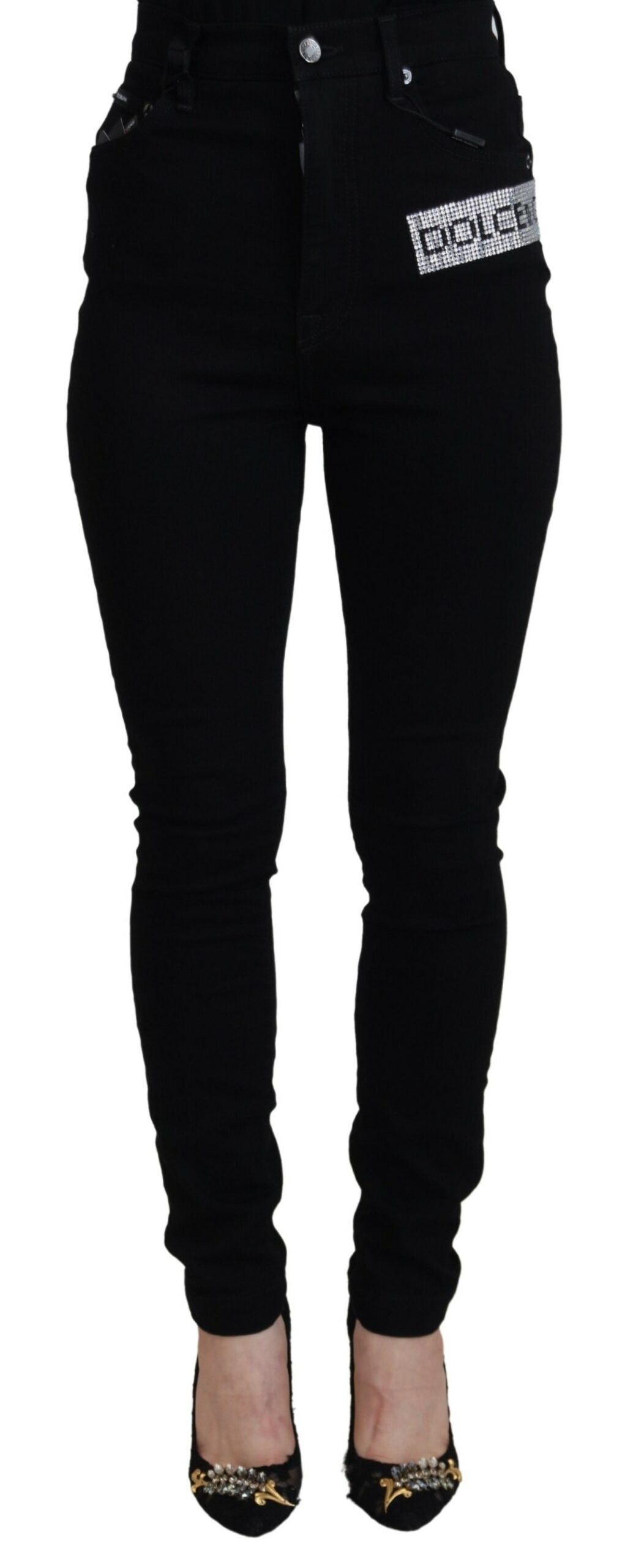 Schwarze Slim Fit Denim-Jeans aus Baumwolle mit Pailletten