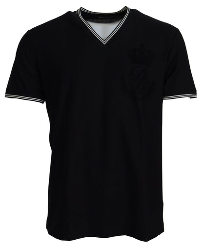Schwarzes Baumwoll-T-Shirt mit V-Ausschnitt und kurzen Ärmeln