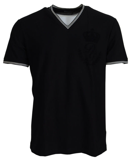 Schwarzes Baumwoll-T-Shirt mit V-Ausschnitt und kurzen Ärmeln