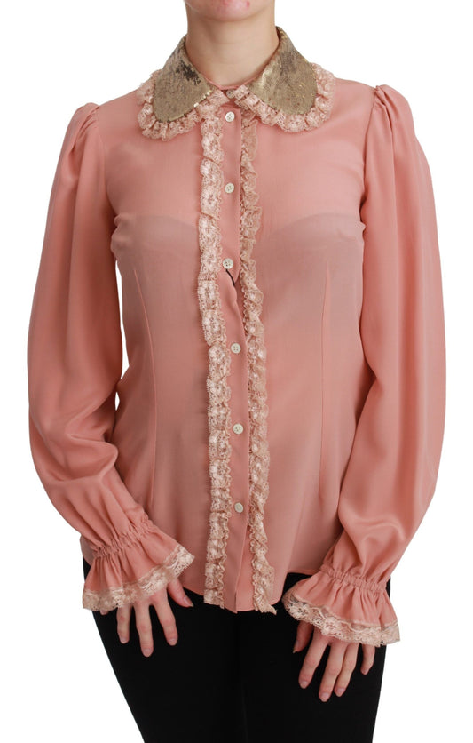 Rosa Seide Gold Pailletten Spitze Bluse Shirt