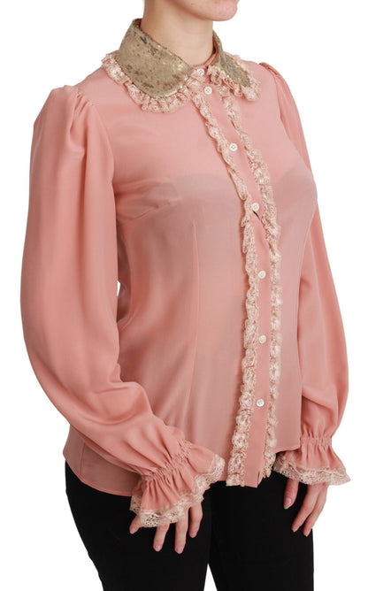 Rosa Seide Gold Pailletten Spitze Bluse Shirt