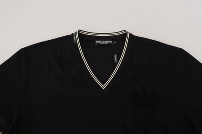 Schwarzes Baumwoll-T-Shirt mit V-Ausschnitt und kurzen Ärmeln
